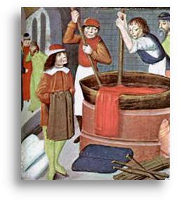 Illustration: Des Proprietez des Chises (Royal 15 E. III, f269), von Jean du Ries, Brügge, 1482, British Museum, London
